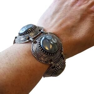 Vintage Oversized Chunky Silver Cabochon Chain Link Bracelet